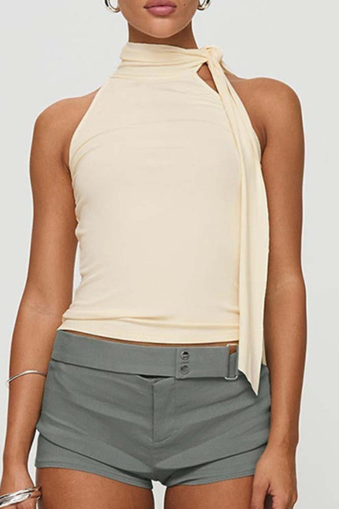 Casual Solid Color Lace Up Turtleneck Tops