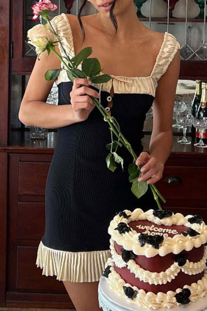 Sexy Solid Color Lace Up Backless Contrast Square Neck Wrapped Skirt Dresses