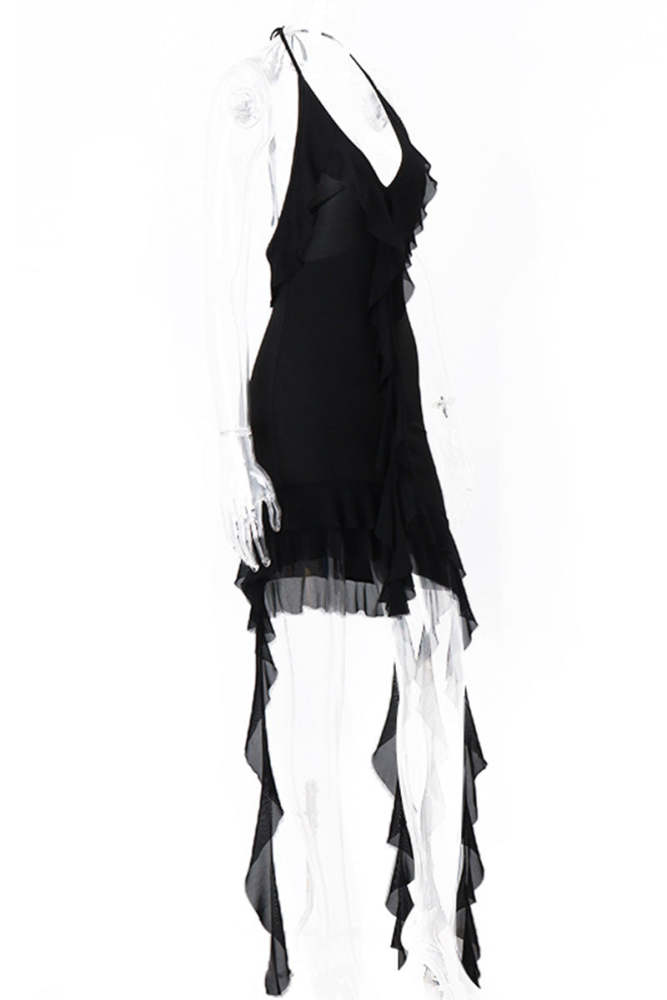 Sexy Backless Irregular Flounce Halter Irregular Dresses