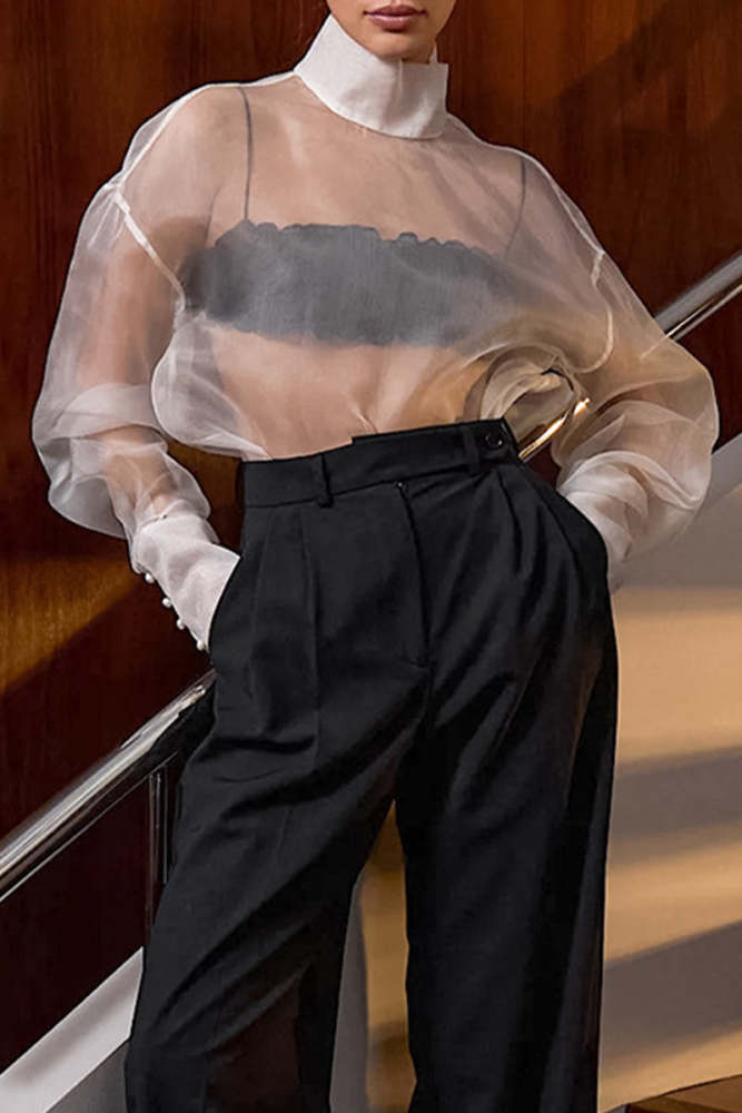 Sexy Buttons See-Through Mesh Turtleneck Tops