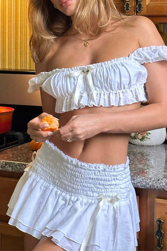 Sexy Bow Decor Square Neck Short Sleeve Two Pieces