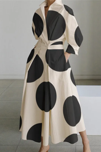 Long Sleeves Loose Contrast Color Pleated Polka-Dot Tied Waist Lapel Shirt Dress