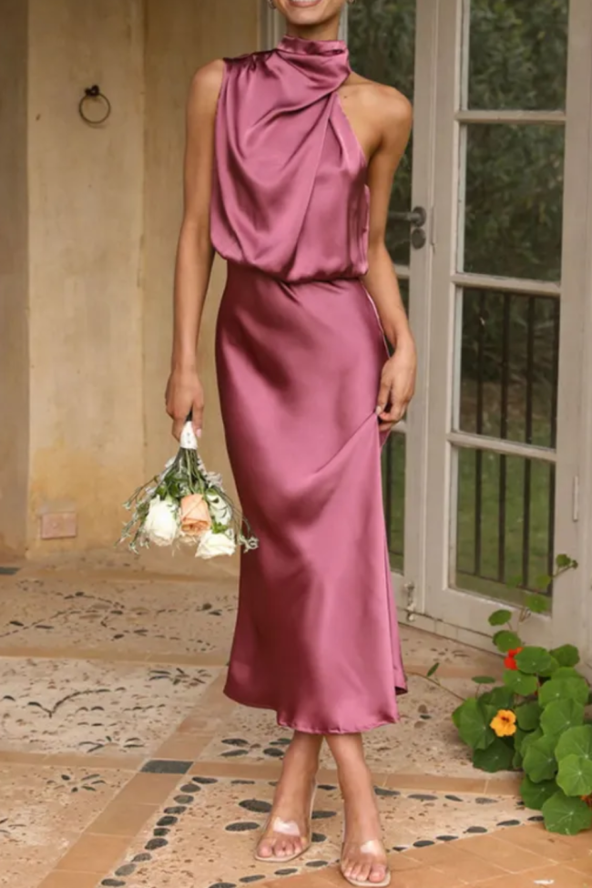 Women's Ruched Satin Solid Color Elegant Wedding Guest Dress