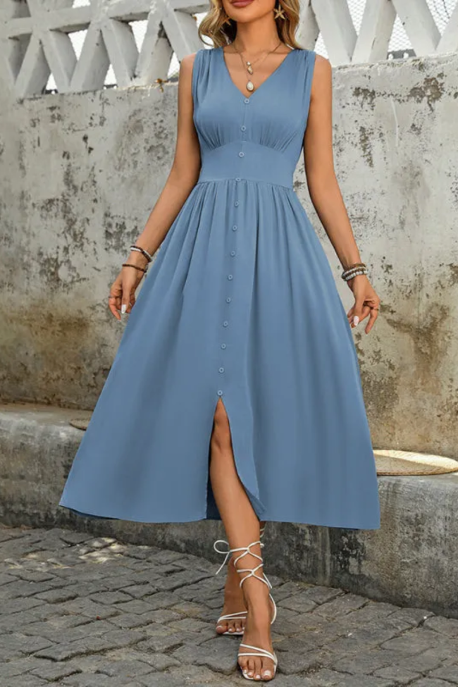 Women's Casual Sleeveless V Neck Solid Color Elegant Midi Dress