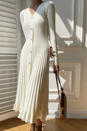 Elegant Plain Long Sleeve Buttoned Pleated Sweater Dress