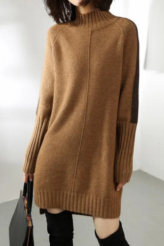 Loose Long Sleeves Contrast Color Half Turtleneck Sweater Dresses