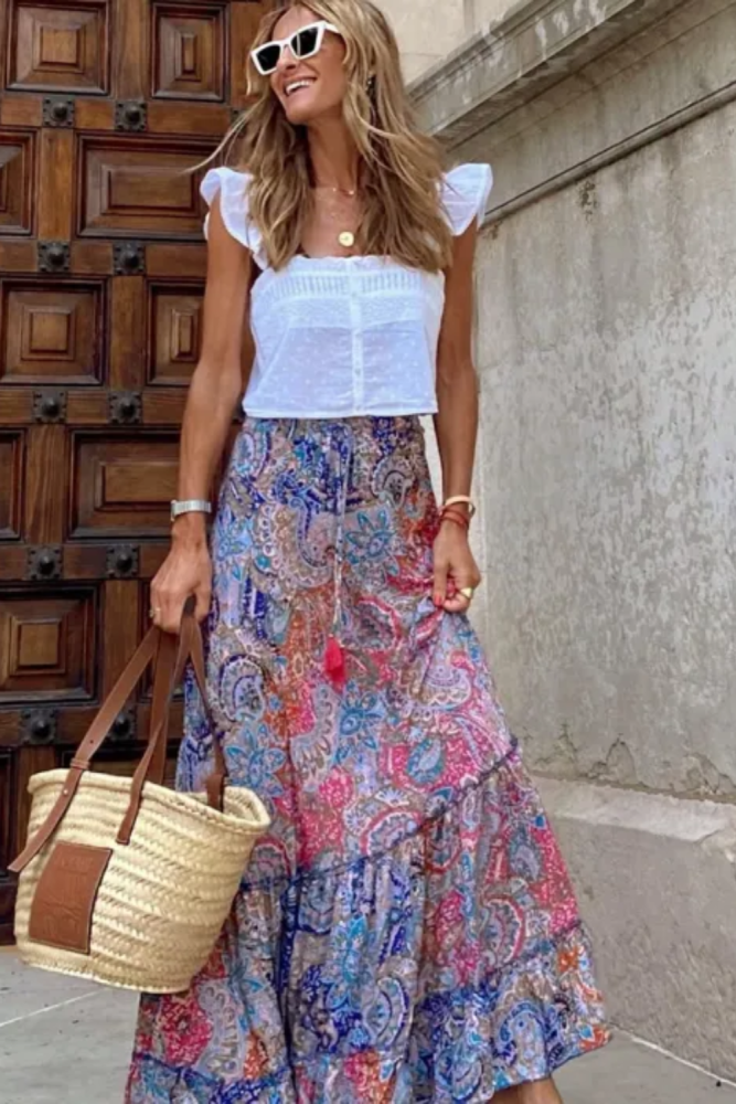 Women Bohemian Floral Print A-line Casual High Waist Skirt