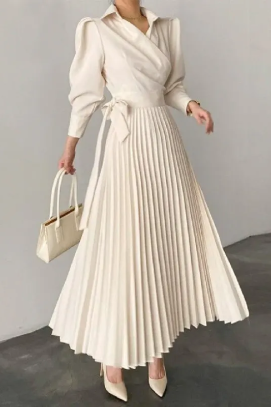 Pleated Asymmetric Solid Color Lapel Maxi Dress