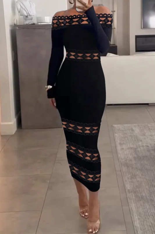Bodycon Long Sleeves Hollow Solid Color Split-Joint Off-The-Shoulder Midi Dresses