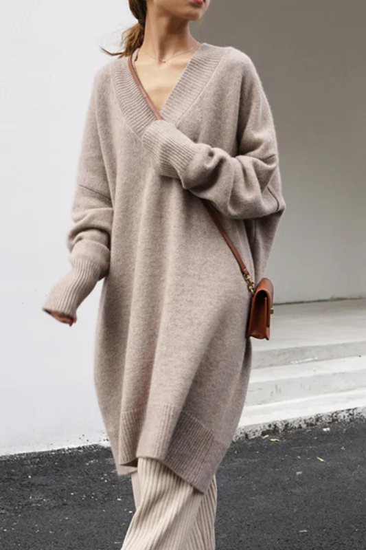 Stylish Long Sleeves Loose Solid Color V-Neck Sweater Dresses