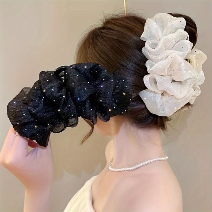 1pc Elegant Honey Girl Style Hair Claw with Rhinestone Embellishments, Solid Color Mesh Bowknot Design, Versatile Fashion Accessory for Teens, All-Season Daily & Casual Wear, Hair Accessories for Girls