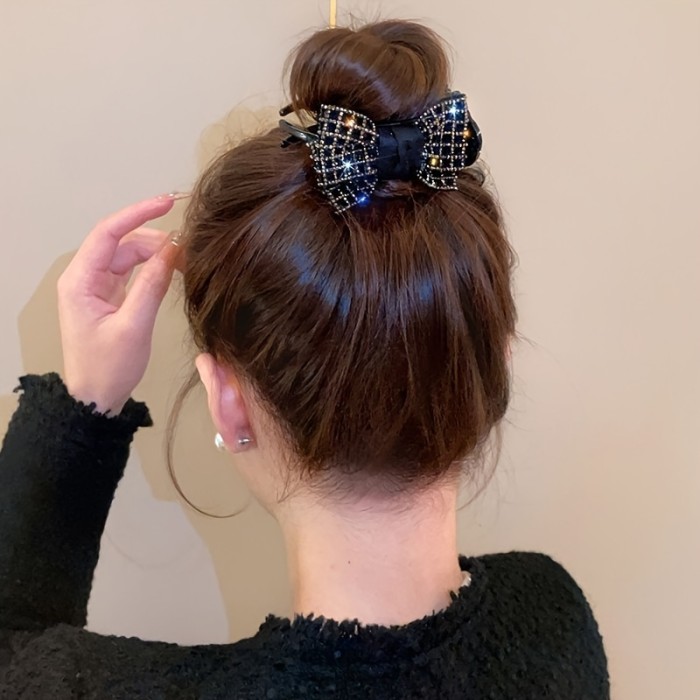 1pc Elegant Rhinestone-Encrusted Bow Hair Claw - Chic Black & Golden Hollow Butterfly Knot Design, Fabric Ponytail & Bun Accessory for Women and Girls 14+, Perfect for Daily Wear, Hair Accessories for Girls