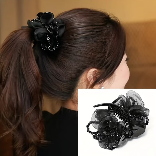 1pc Elegant Large Rhinestone Hair Claw Clip with Mesh & Floral Design - Black Plastic Hair Accessory for High Ponytails, Buns, and Updos, Stylish Women's Hair Decor, Hairstyle Enhancer | Floral Hair Clip | Plastic Hair Piece