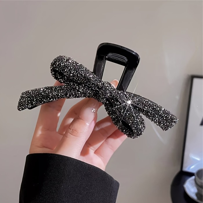 Sparkling Rhinestone Bow Hair Claw Clip – Elegant Large Black Plastic Hair Accessory with Glittering Crystals for Women, Perfect for Updos and Special Occasions, Special Occasion Hairpiece | Chic Bow Design | Rhinestone Embellished, Hair Accessories