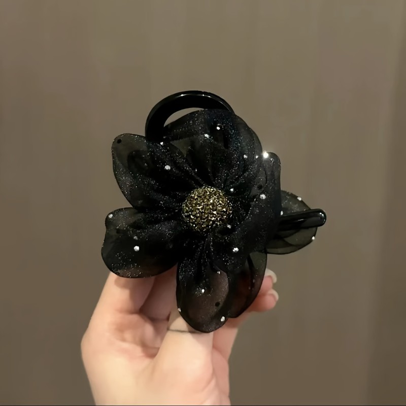Elegant Vintage-Inspired Sunflower Hair Claw with Rhinestones & Mesh - Versatile Ponytail Holder for Women and Girls