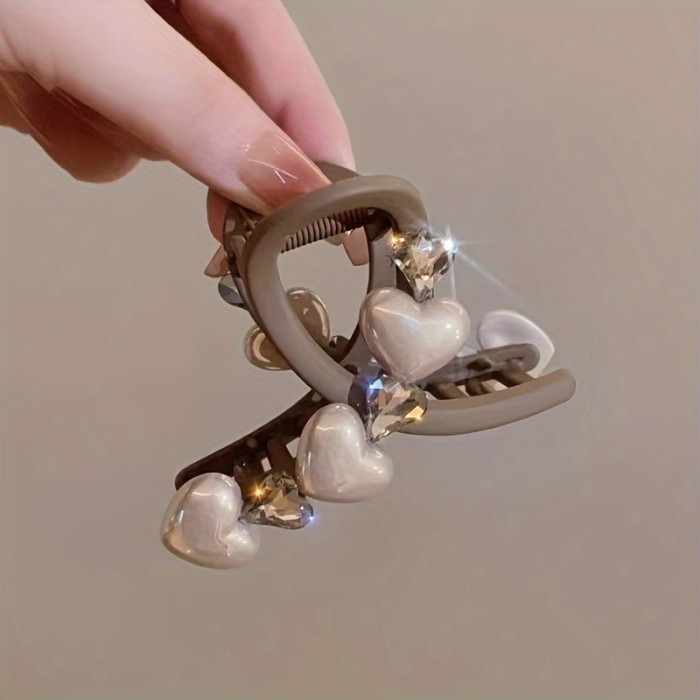 Elegant Heart-Shaped Faux Pearl & Rhinestone Hair Claw - Vintage Style, Medium Size, Perfect for Valentine's Day