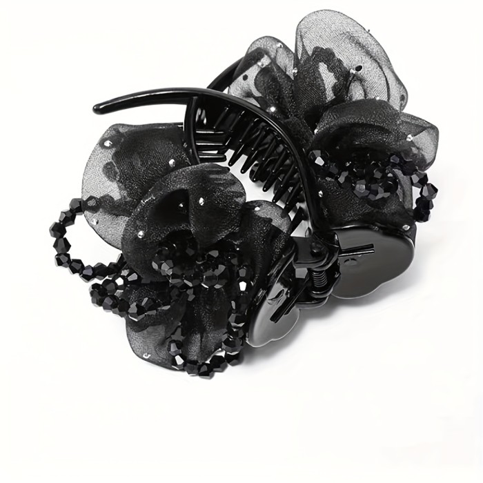 1pc Elegant Large Rhinestone Hair Claw Clip with Mesh & Floral Design - Black Plastic Hair Accessory for High Ponytails, Buns, and Updos, Stylish Women's Hair Decor, Hairstyle Enhancer | Floral Hair Clip | Plastic Hair Piece