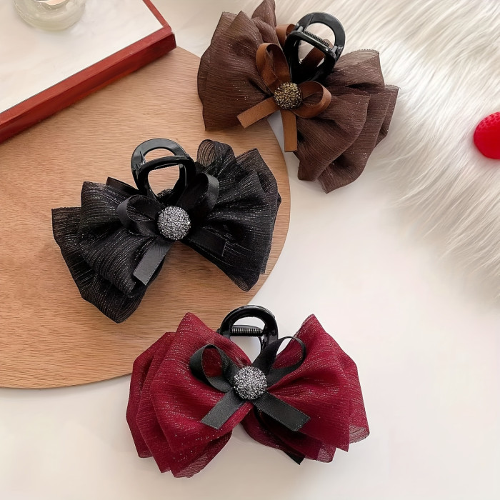 Elegant Sparkling Rhinestone Mesh Bowknot Decorative Hair Claw Clip Large Non Slip Hair Grab Clip For Women And daily use Wear