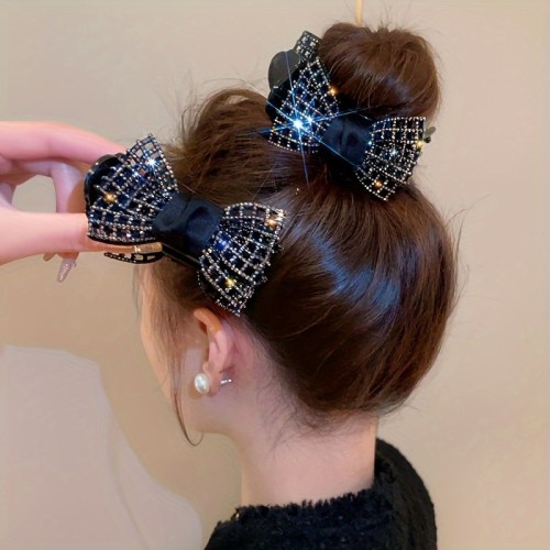 1pc Elegant Rhinestone-Encrusted Bow Hair Claw - Chic Black & Golden Hollow Butterfly Knot Design, Fabric Ponytail & Bun Accessory for Women and Girls 14+, Perfect for Daily Wear, Hair Accessories for Girls