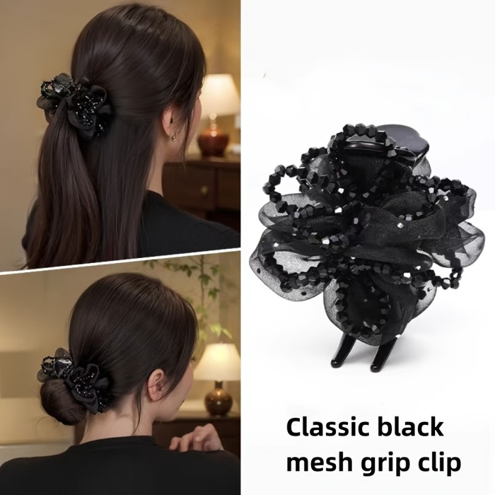 1pc Elegant Large Rhinestone Hair Claw Clip with Mesh & Floral Design - Black Plastic Hair Accessory for High Ponytails, Buns, and Updos, Stylish Women's Hair Decor, Hairstyle Enhancer | Floral Hair Clip | Plastic Hair Piece