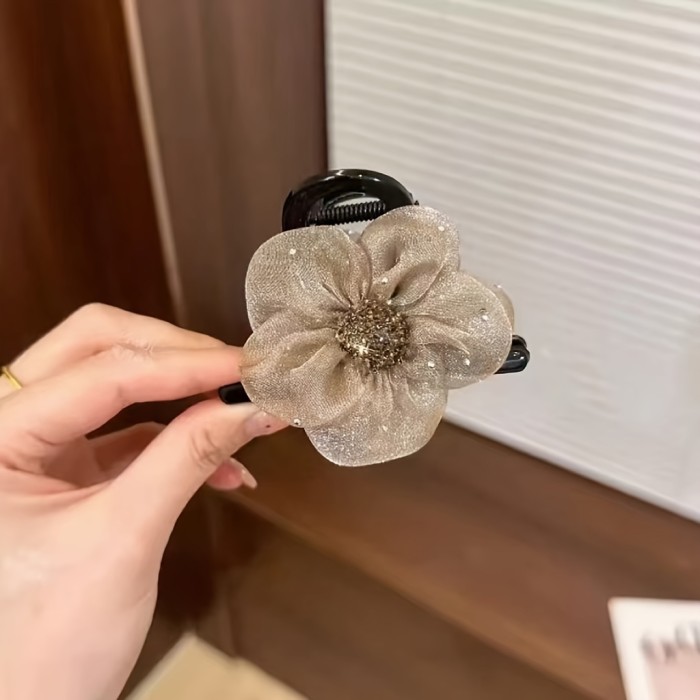 Elegant Vintage-Inspired Sunflower Hair Claw with Rhinestones & Mesh - Versatile Ponytail Holder for Women and Girls