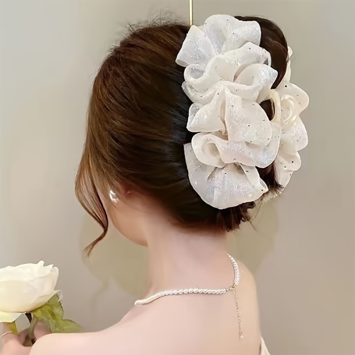 1pc Elegant Honey Girl Style Hair Claw with Rhinestone Embellishments, Solid Color Mesh Bowknot Design, Versatile Fashion Accessory for Teens, All-Season Daily & Casual Wear, Hair Accessories for Girls