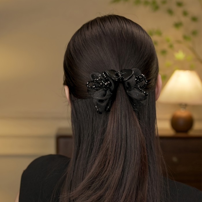 1pc Elegant Large Rhinestone Hair Claw Clip with Mesh & Floral Design - Black Plastic Hair Accessory for High Ponytails, Buns, and Updos, Stylish Women's Hair Decor, Hairstyle Enhancer | Floral Hair Clip | Plastic Hair Piece