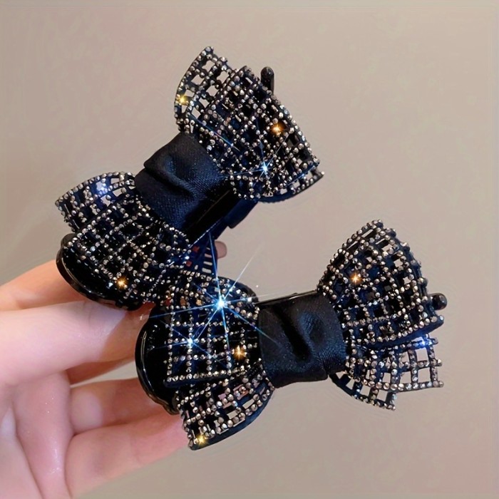 1pc Elegant Rhinestone-Encrusted Bow Hair Claw - Chic Black & Golden Hollow Butterfly Knot Design, Fabric Ponytail & Bun Accessory for Women and Girls 14+, Perfect for Daily Wear, Hair Accessories for Girls
