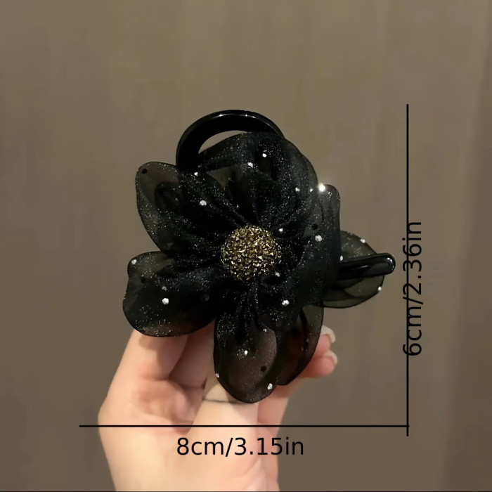 Elegant Vintage-Inspired Sunflower Hair Claw with Rhinestones & Mesh - Versatile Ponytail Holder for Women and Girls