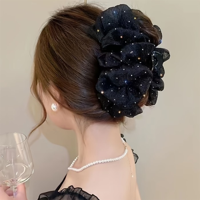 1pc Elegant Honey Girl Style Hair Claw with Rhinestone Embellishments, Solid Color Mesh Bowknot Design, Versatile Fashion Accessory for Teens, All-Season Daily & Casual Wear, Hair Accessories for Girls