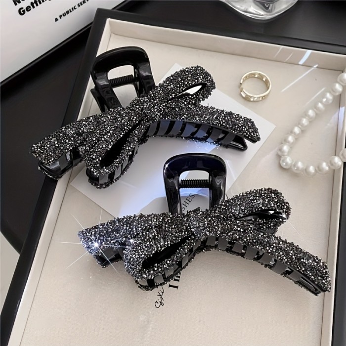 Sparkling Rhinestone Bow Hair Claw Clip – Elegant Large Black Plastic Hair Accessory with Glittering Crystals for Women, Perfect for Updos and Special Occasions, Special Occasion Hairpiece | Chic Bow Design | Rhinestone Embellished, Hair Accessories