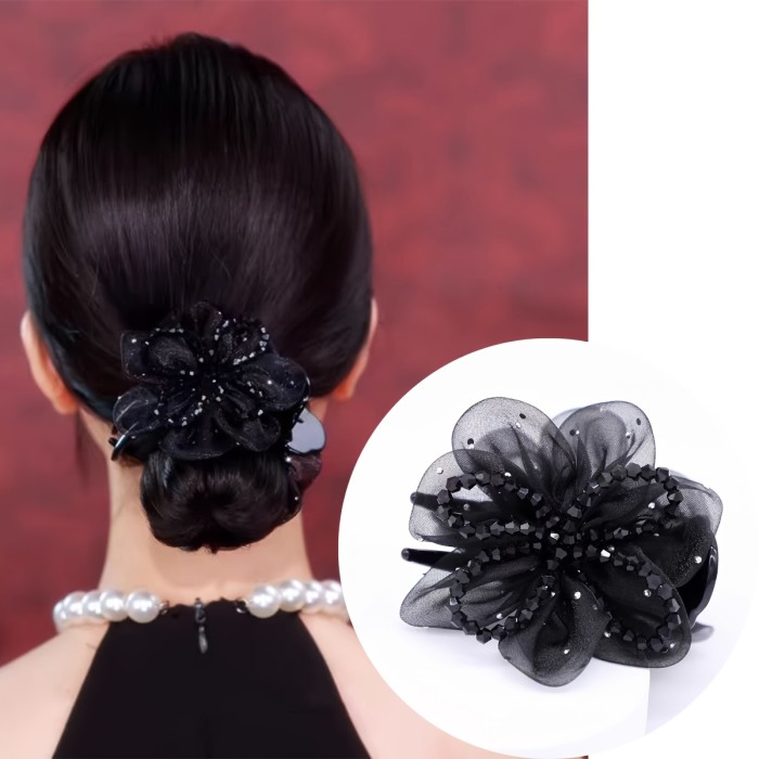 1pc Elegant Large Rhinestone Hair Claw Clip with Mesh & Floral Design - Black Plastic Hair Accessory for High Ponytails, Buns, and Updos, Stylish Women's Hair Decor, Hairstyle Enhancer | Floral Hair Clip | Plastic Hair Piece