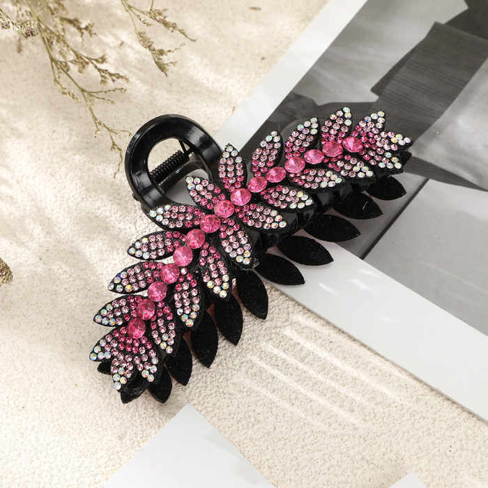 Elegant Vintage Style Rectangular Hair Claw - Durable, Large 12cm, Colorful Rhinestone Leaf Design with Green and Brown Gemstones for Stylish Updos