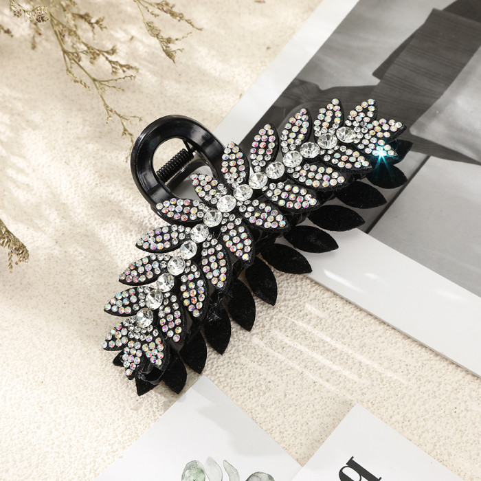 Elegant Vintage Style Rectangular Hair Claw - Durable, Large 12cm, Colorful Rhinestone Leaf Design with Green and Brown Gemstones for Stylish Updos