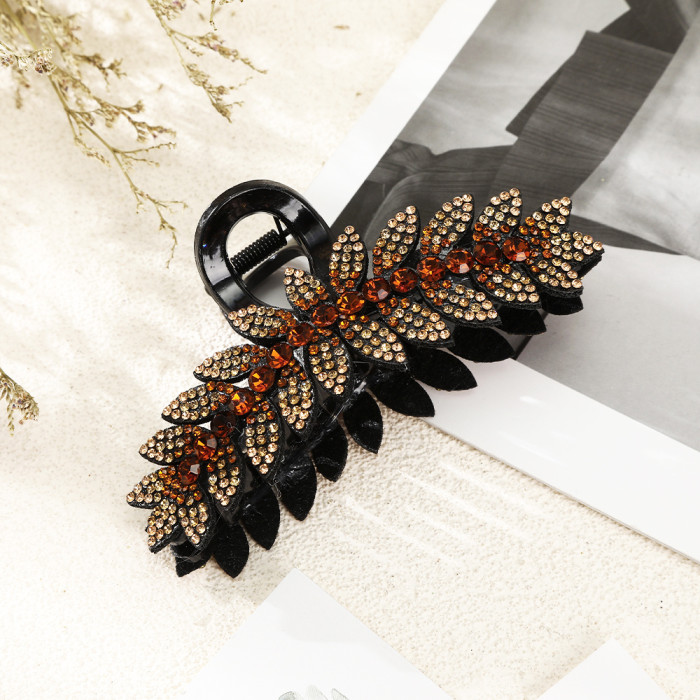 Elegant Vintage Style Rectangular Hair Claw - Durable, Large 12cm, Colorful Rhinestone Leaf Design with Green and Brown Gemstones for Stylish Updos