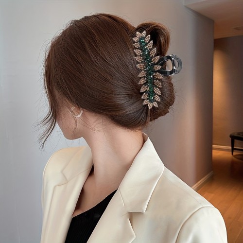 Elegant Vintage Style Rectangular Hair Claw - Durable, Large 12cm, Colorful Rhinestone Leaf Design with Green and Brown Gemstones for Stylish Updos
