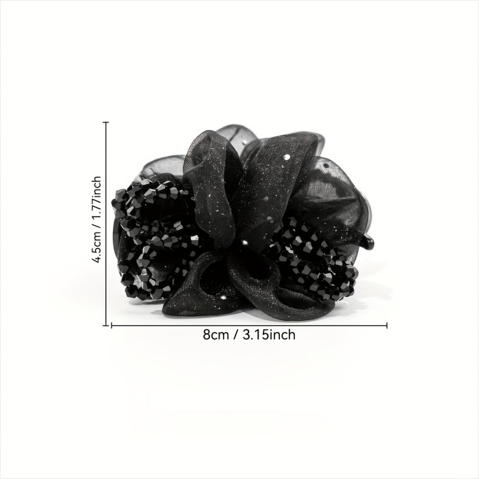 1pc Elegant Large Rhinestone Hair Claw Clip with Mesh & Floral Design - Black Plastic Hair Accessory for High Ponytails, Buns, and Updos, Stylish Women's Hair Decor, Hairstyle Enhancer | Floral Hair Clip | Plastic Hair Piece