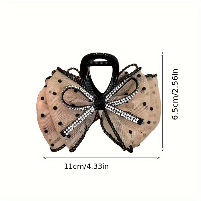 Single Piece, Large Size (for Ages 14+) Vintage Resin Bow Hair Claw Clip with Elegant Polka Dot Mesh Bubble Grip, Hollow Design, and Sparkling Rhinestones - Ideal for Valentine's Day