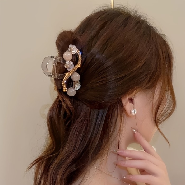SINGLE PACK - Exquisite Floral Acrylic Hair Claw Clip with Rhinestone Accents - Elegant Minimalist Hair Accessory for Women, Versatile Middle-Sized Shark Clip for Valentine's Day, Special Occasions, and Everyday Wear