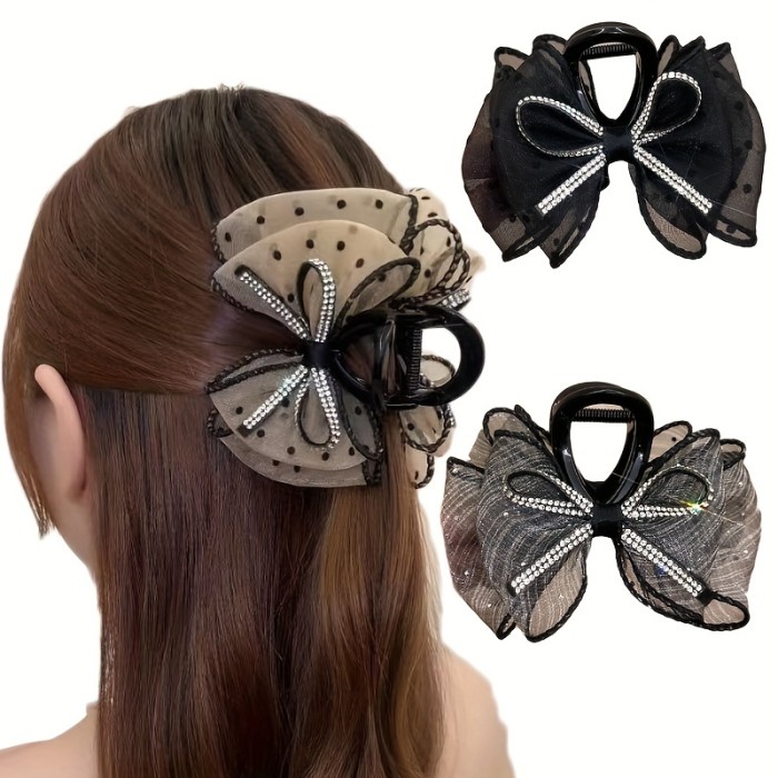 Single Piece, Large Size (for Ages 14+) Vintage Resin Bow Hair Claw Clip with Elegant Polka Dot Mesh Bubble Grip, Hollow Design, and Sparkling Rhinestones - Ideal for Valentine's Day