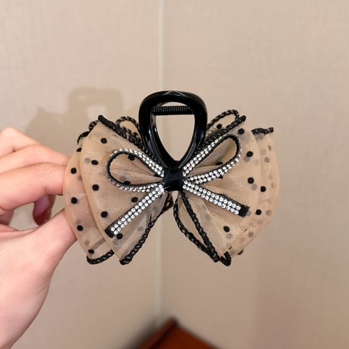 Single Piece, Large Size (for Ages 14+) Vintage Resin Bow Hair Claw Clip with Elegant Polka Dot Mesh Bubble Grip, Hollow Design, and Sparkling Rhinestones - Ideal for Valentine's Day