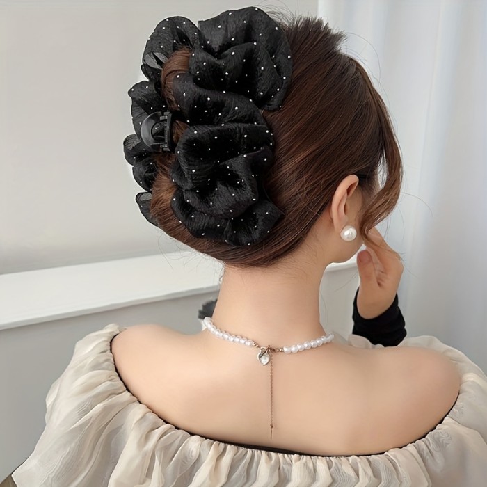 1pc Elegant Honey Girl Style Hair Claw with Rhinestone Embellishments, Solid Color Mesh Bowknot Design, Versatile Fashion Accessory for Teens, All-Season Daily & Casual Wear, Hair Accessories for Girls