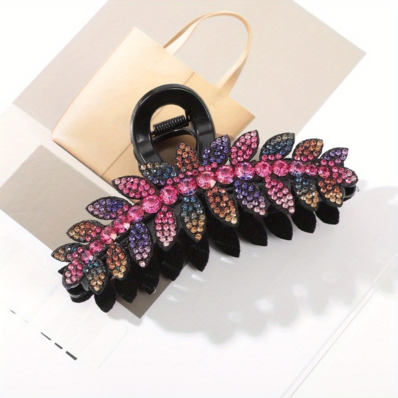 Elegant Vintage Style Rectangular Hair Claw - Durable, Large 12cm, Colorful Rhinestone Leaf Design with Green and Brown Gemstones for Stylish Updos