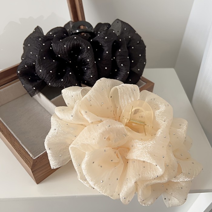 1pc Elegant Honey Girl Style Hair Claw with Rhinestone Embellishments, Solid Color Mesh Bowknot Design, Versatile Fashion Accessory for Teens, All-Season Daily & Casual Wear, Hair Accessories for Girls