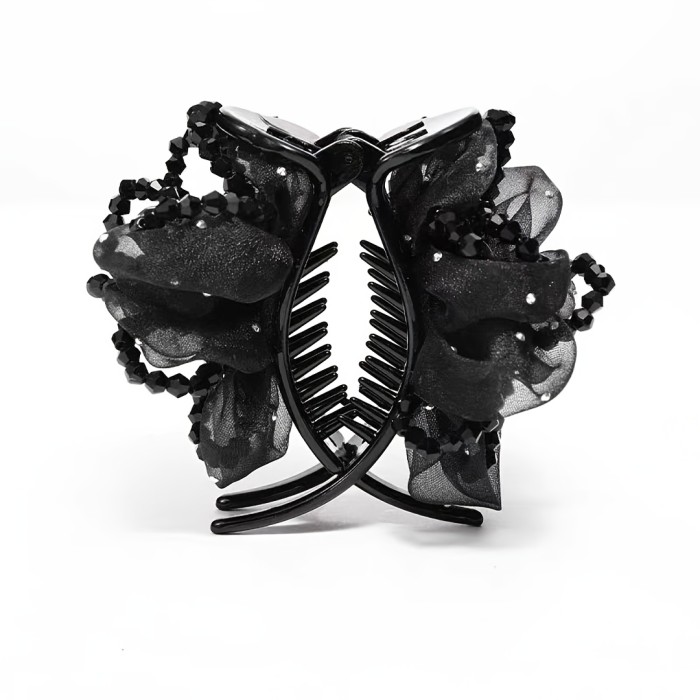 1pc Elegant Large Rhinestone Hair Claw Clip with Mesh & Floral Design - Black Plastic Hair Accessory for High Ponytails, Buns, and Updos, Stylish Women's Hair Decor, Hairstyle Enhancer | Floral Hair Clip | Plastic Hair Piece