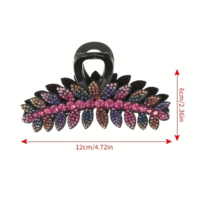 Elegant Vintage Style Rectangular Hair Claw - Durable, Large 12cm, Colorful Rhinestone Leaf Design with Green and Brown Gemstones for Stylish Updos