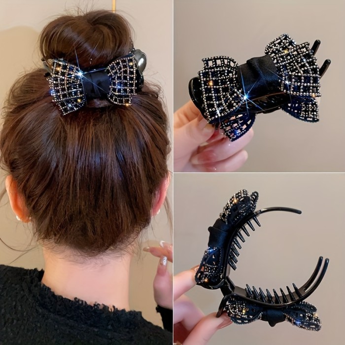 1pc Elegant Rhinestone-Encrusted Bow Hair Claw - Chic Black & Golden Hollow Butterfly Knot Design, Fabric Ponytail & Bun Accessory for Women and Girls 14+, Perfect for Daily Wear, Hair Accessories for Girls