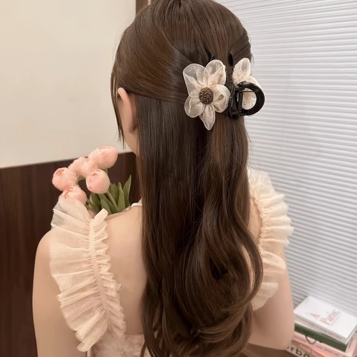 Elegant Vintage-Inspired Sunflower Hair Claw with Rhinestones & Mesh - Versatile Ponytail Holder for Women and Girls