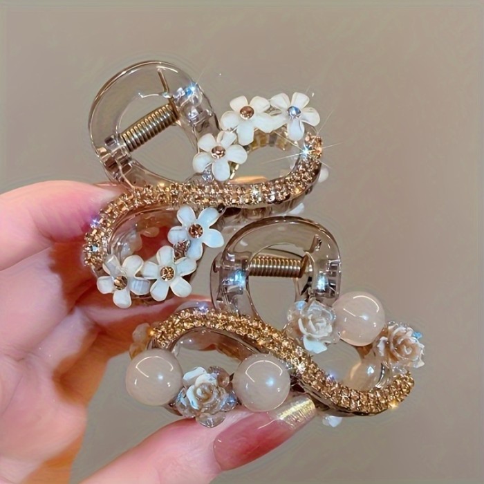 SINGLE PACK - Exquisite Floral Acrylic Hair Claw Clip with Rhinestone Accents - Elegant Minimalist Hair Accessory for Women, Versatile Middle-Sized Shark Clip for Valentine's Day, Special Occasions, and Everyday Wear