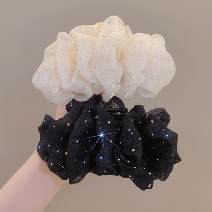 1pc Elegant Honey Girl Style Hair Claw with Rhinestone Embellishments, Solid Color Mesh Bowknot Design, Versatile Fashion Accessory for Teens, All-Season Daily & Casual Wear, Hair Accessories for Girls